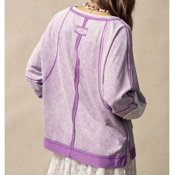 Mineral Wash Notched Neck Heart Patch Reverse Stitch Long Sleeve Top - Picture 5 of 6